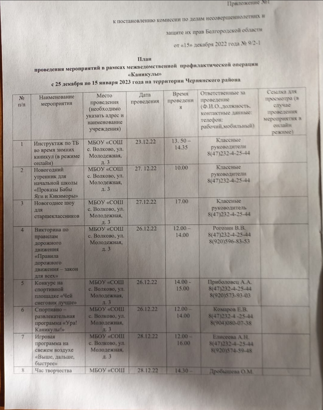 План проведения мероприятий в рамках межведомственной профилактической операции &amp;quot;Каникулы&amp;quot; с 25 декабря 2022 года по 15 января 2023 года.